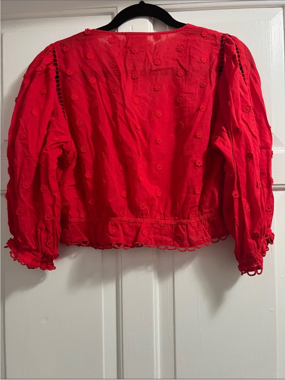 FARM Rio Bright Red Embroidered Tie-Front 100% Cotton Peasant Blouse Medium - Picture 6 of 10